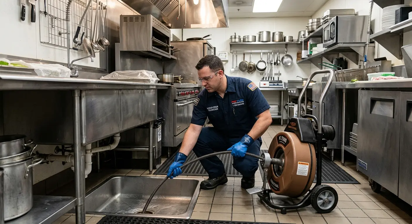 Commercial drain cleaning service in a restaurant kitchen in Missouri City