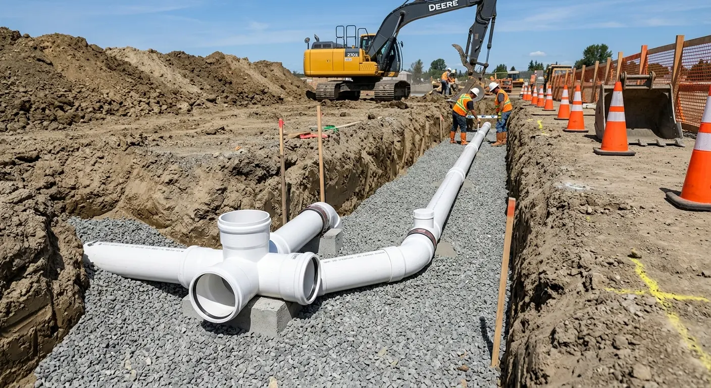 New PVC sewer pipe installation in open trench for Grease Trap Cleaning in Missouri City