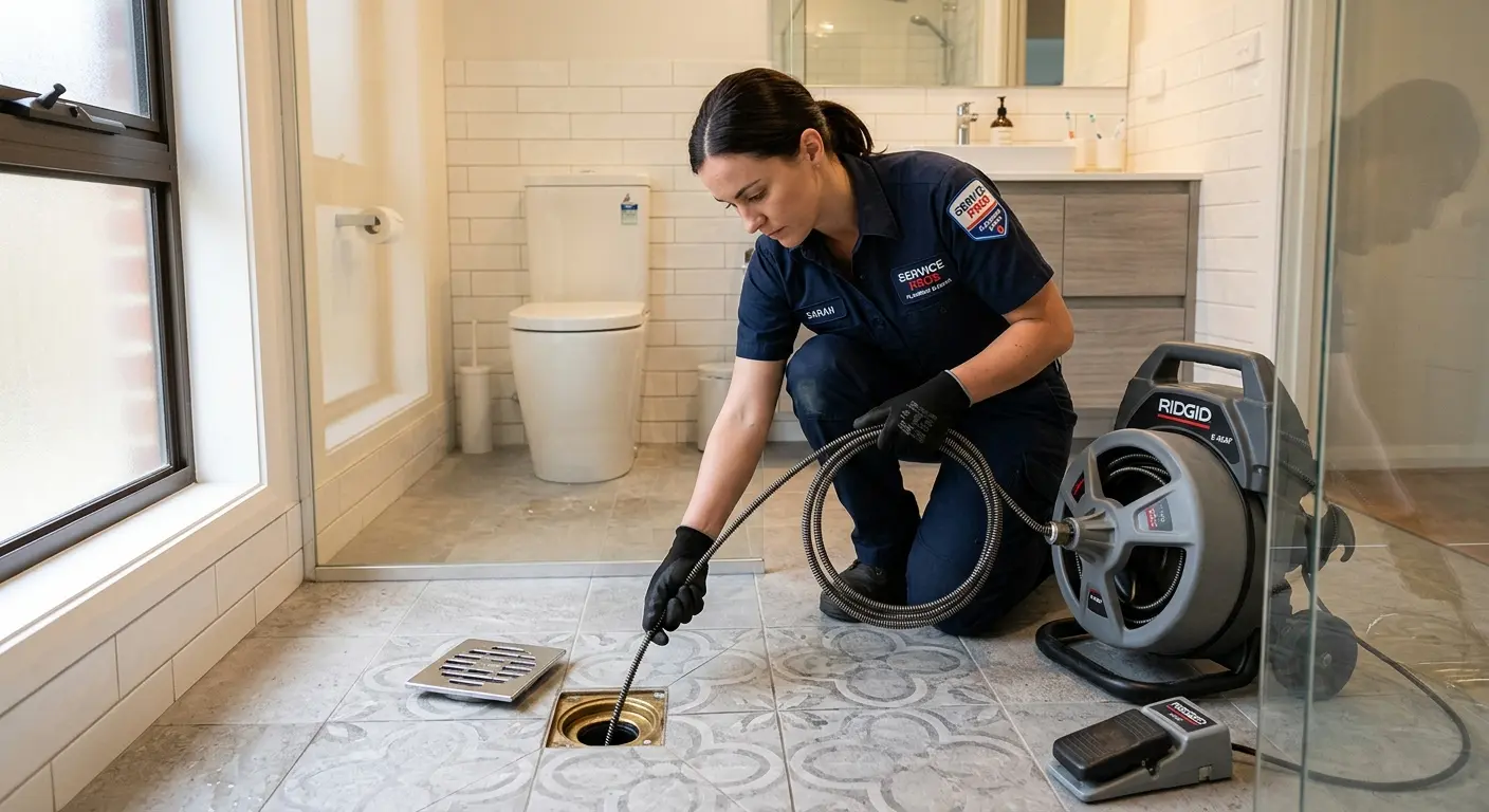 Technician clearing a bathroom floor drain for Sewer Line Installation in Missouri City